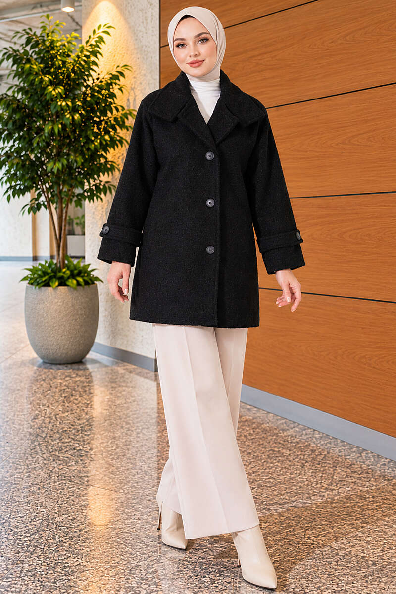 Felt Coat with Stand Collar - Black