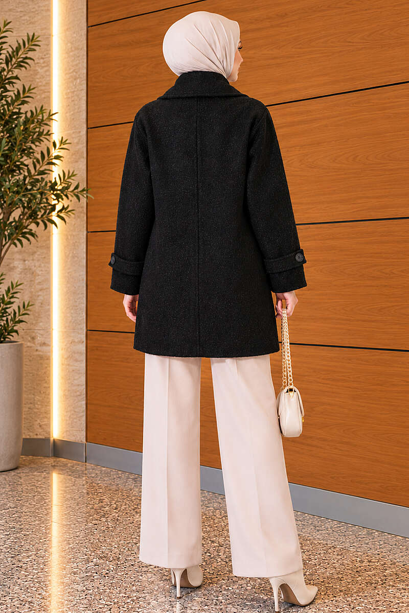 Felt Coat with Stand Collar - Black