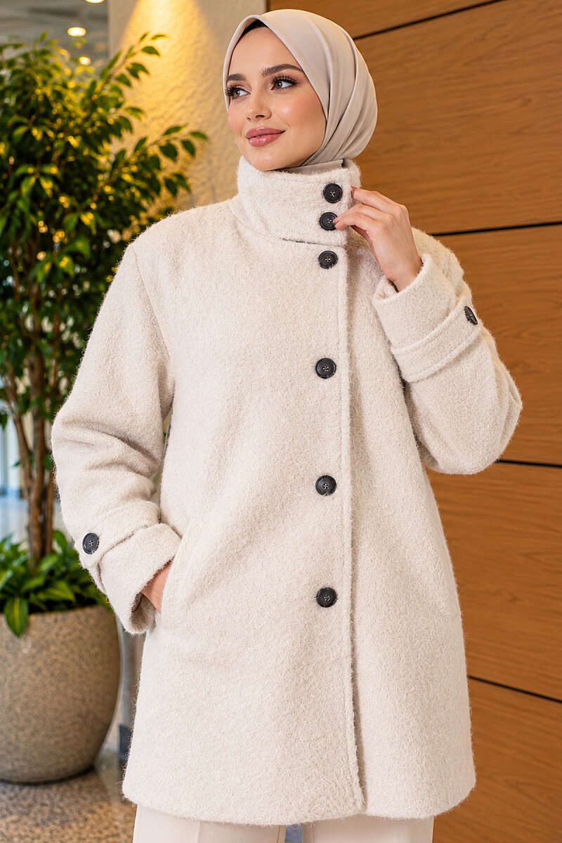 Felt Coat with Stand Collar - Stone