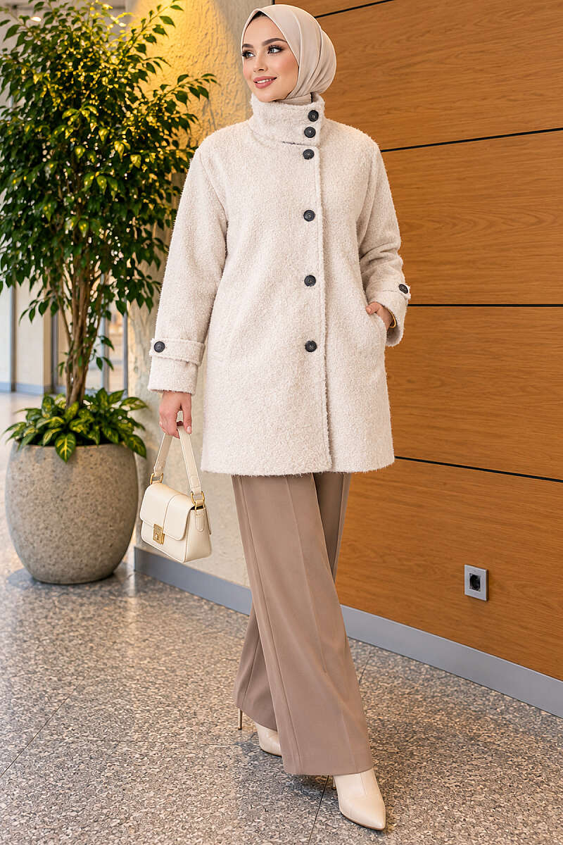 Felt Coat with Stand Collar - Stone