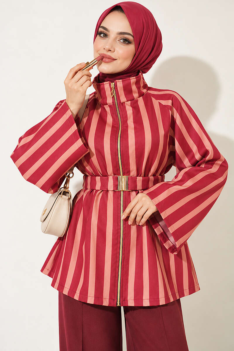 Belted Scuba Jacket with Stand Collar - Burgundy