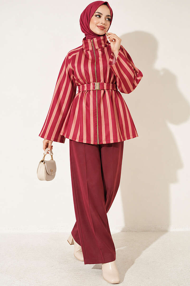 Belted Scuba Jacket with Stand Collar - Burgundy