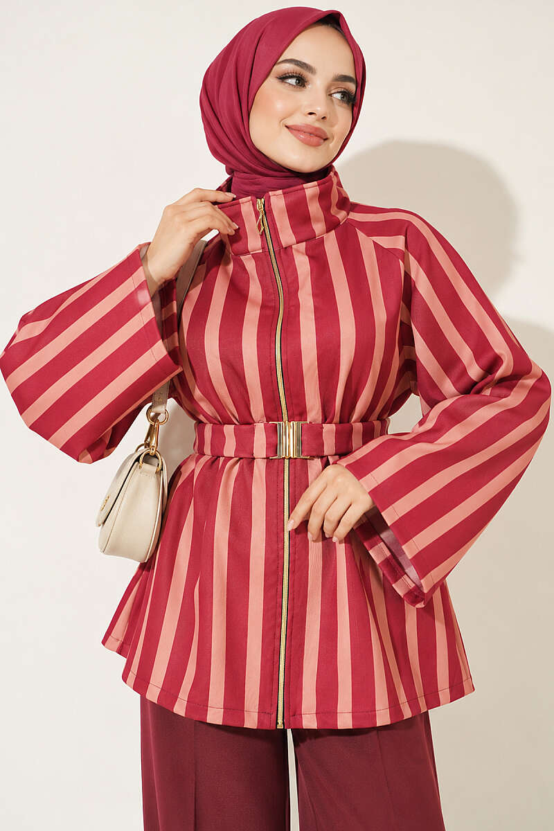 Belted Scuba Jacket with Stand Collar - Burgundy