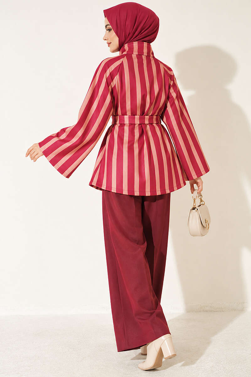 Belted Scuba Jacket with Stand Collar - Burgundy