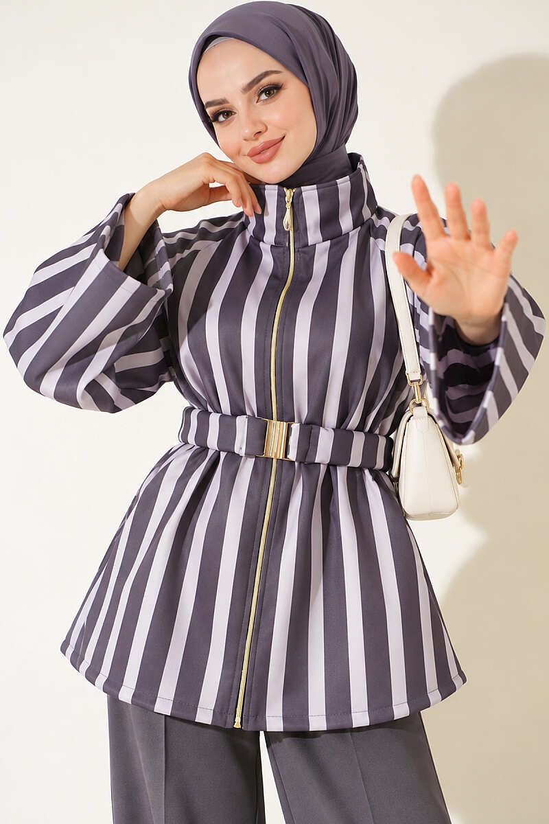 Belted Scuba Jacket with Stand Collar - Smoke Grey