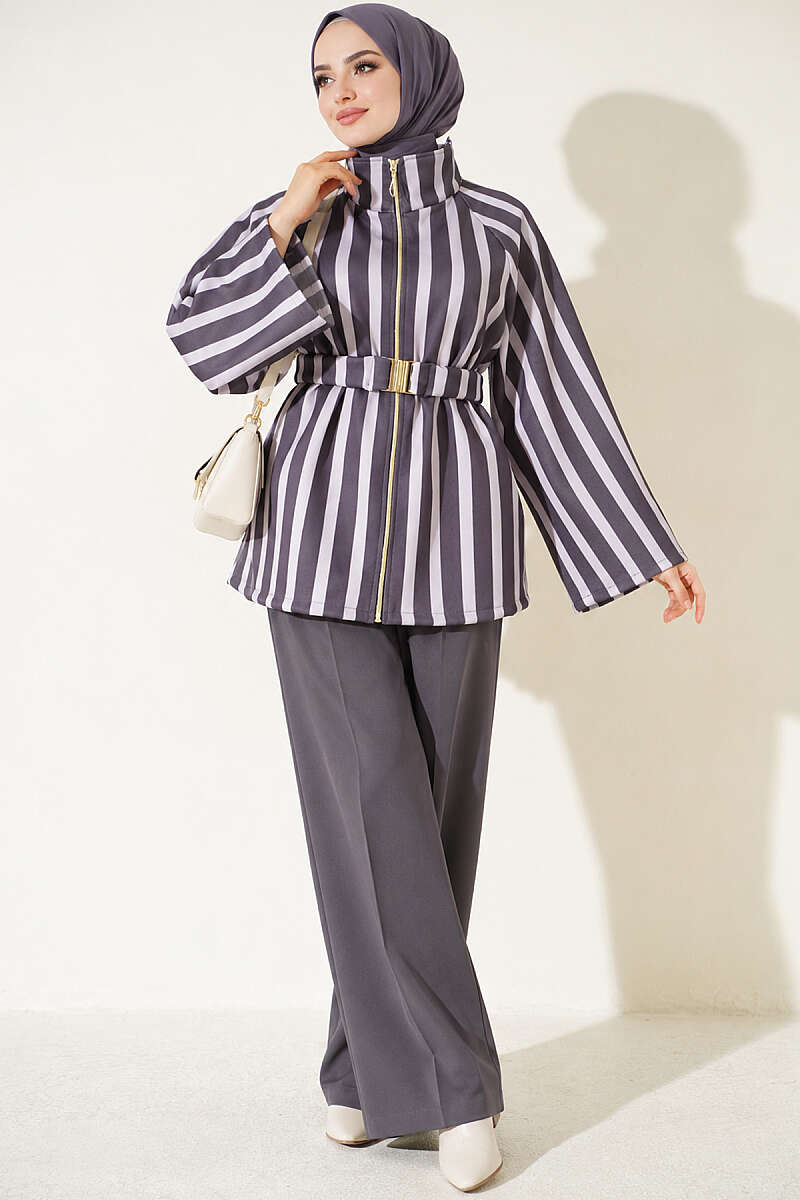 Belted Scuba Jacket with Stand Collar - Smoke Grey