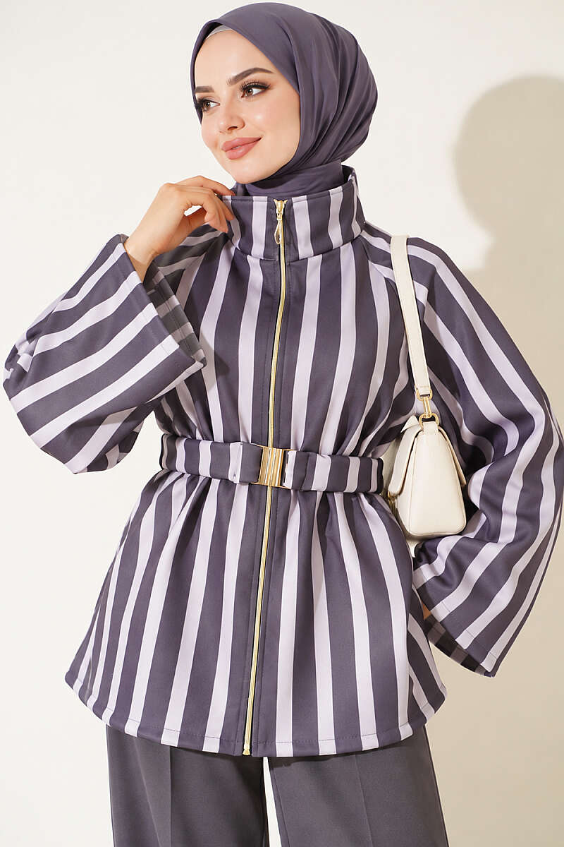 Belted Scuba Jacket with Stand Collar - Smoke Grey