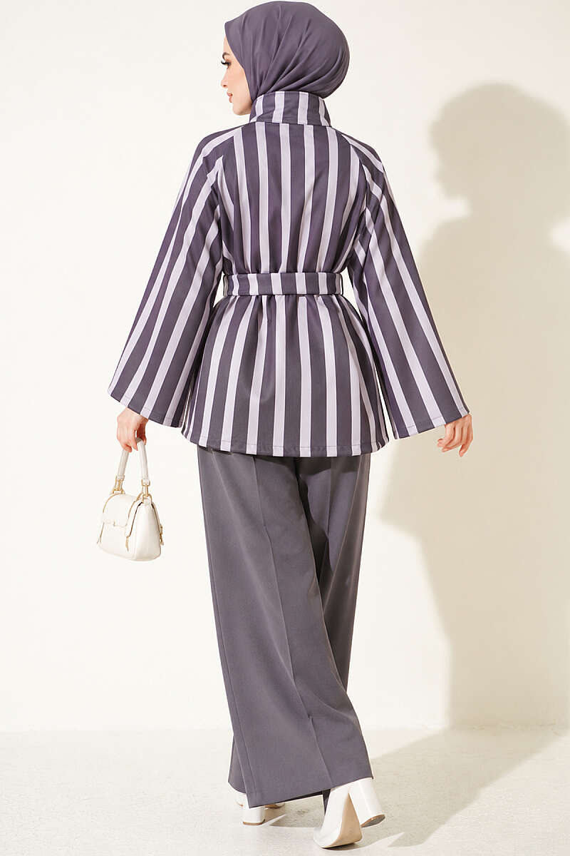 Belted Scuba Jacket with Stand Collar - Smoke Grey