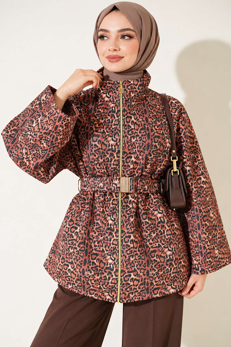 Belted Scuba Jacket with Stand Collar - Leopard