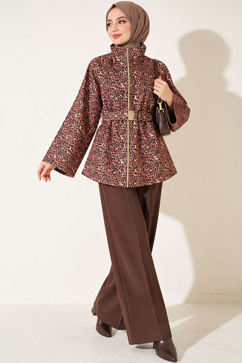Belted Scuba Jacket with Stand Collar - Leopard
