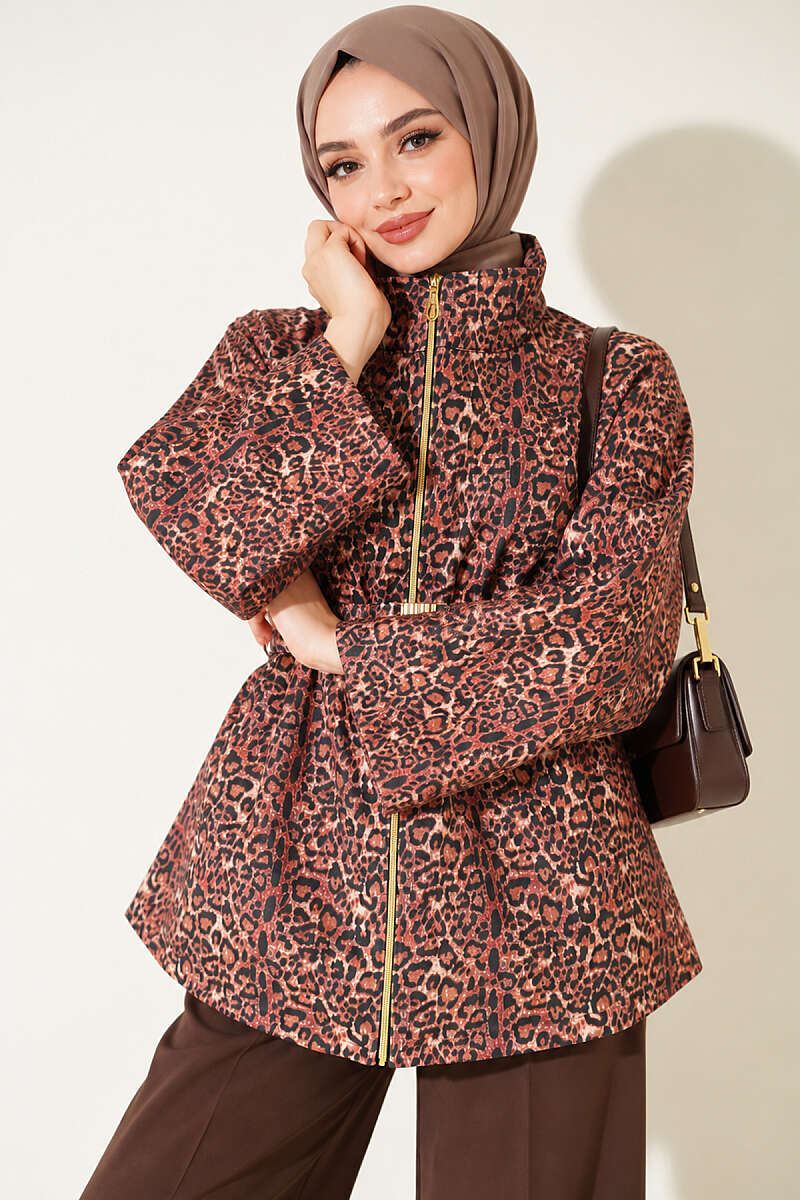 Belted Scuba Jacket with Stand Collar - Leopard