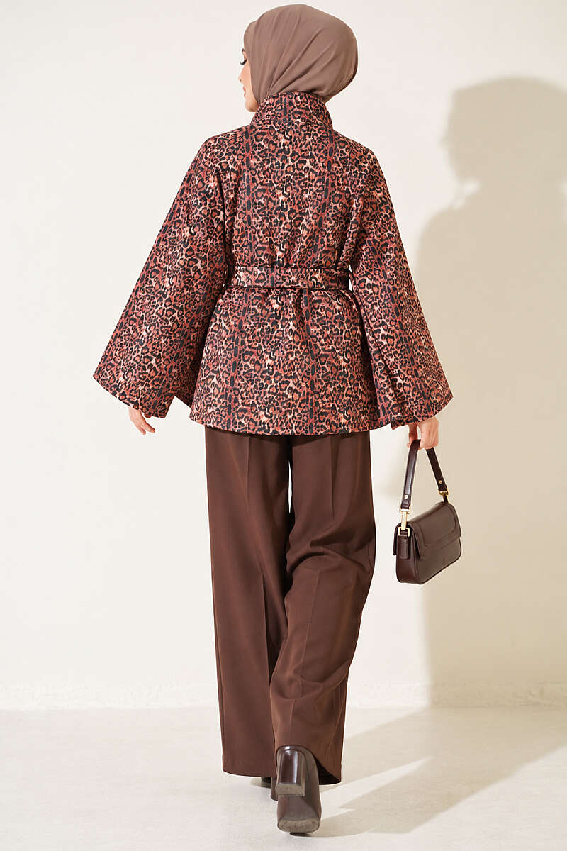 Belted Scuba Jacket with Stand Collar - Leopard