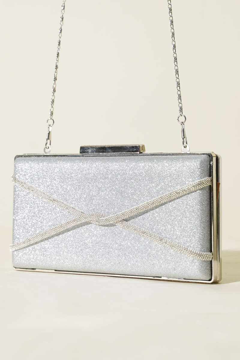 Rectangular Glitter Crossbody Evening Bag - Silver