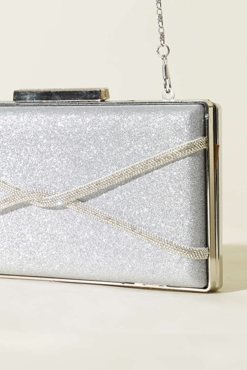 Rectangular Glitter Crossbody Evening Bag - Silver