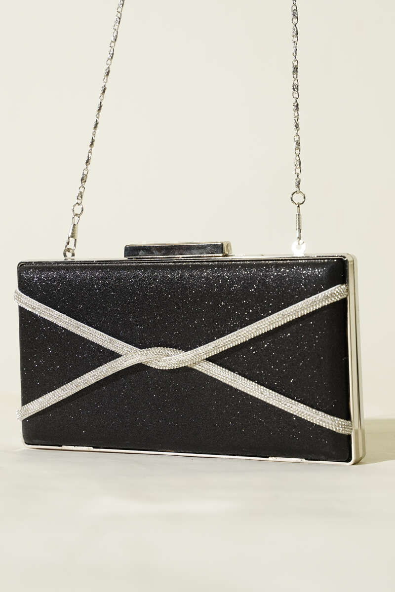 Rectangular Glitter Crossbody Evening Bag - Black