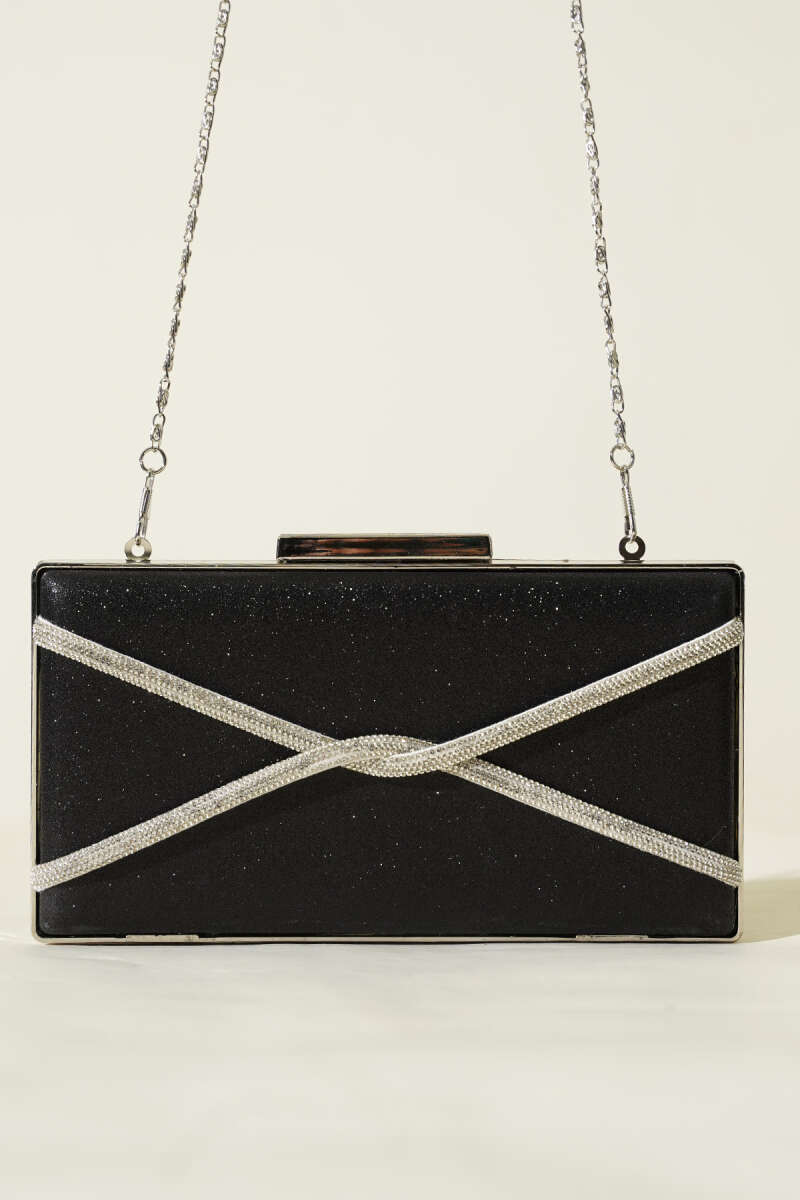 Rectangular Glitter Crossbody Evening Bag - Black