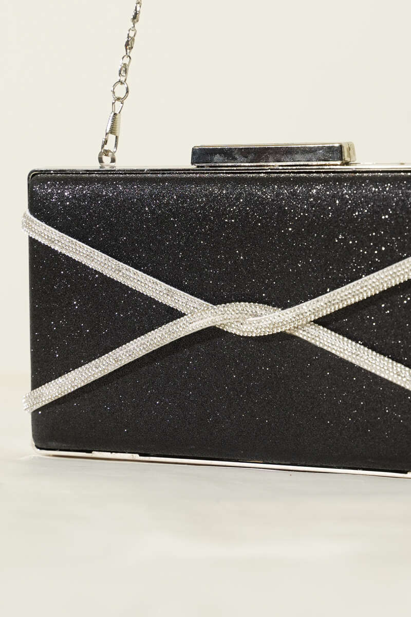 Rectangular Glitter Crossbody Evening Bag - Black