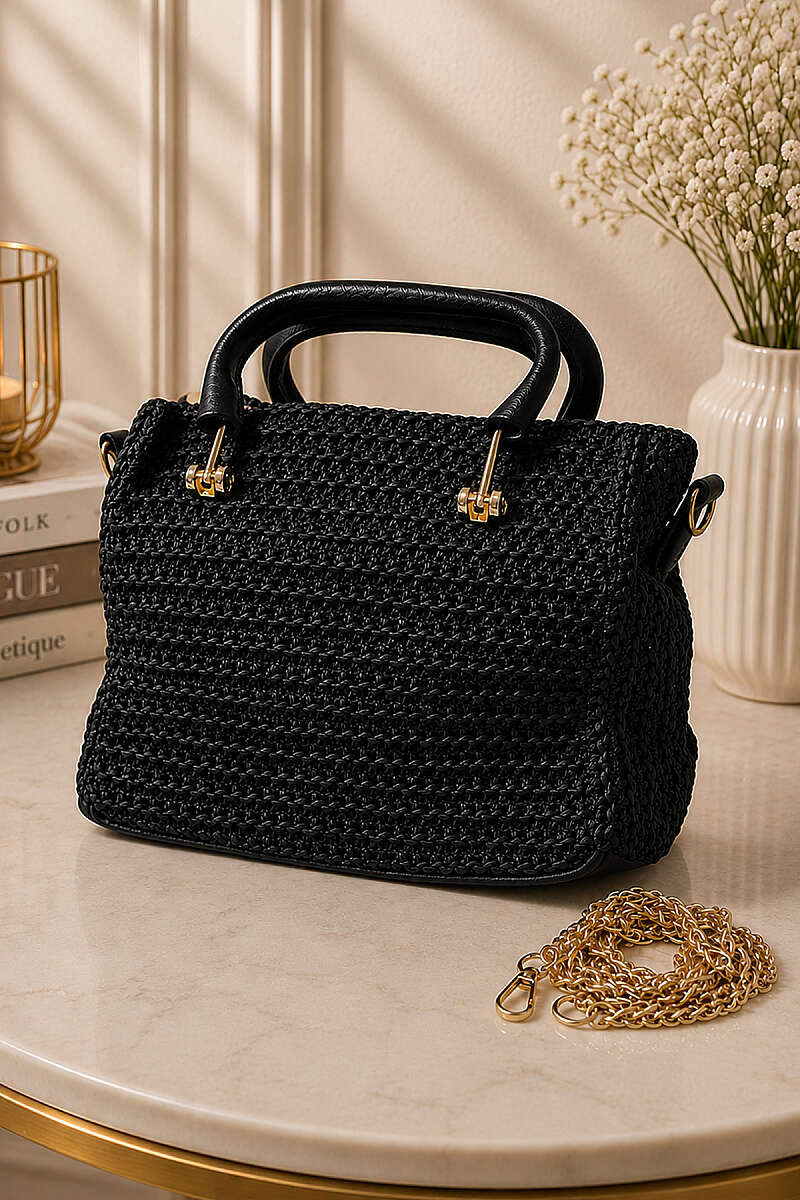 Rectangular Zip Straw Bag - Black