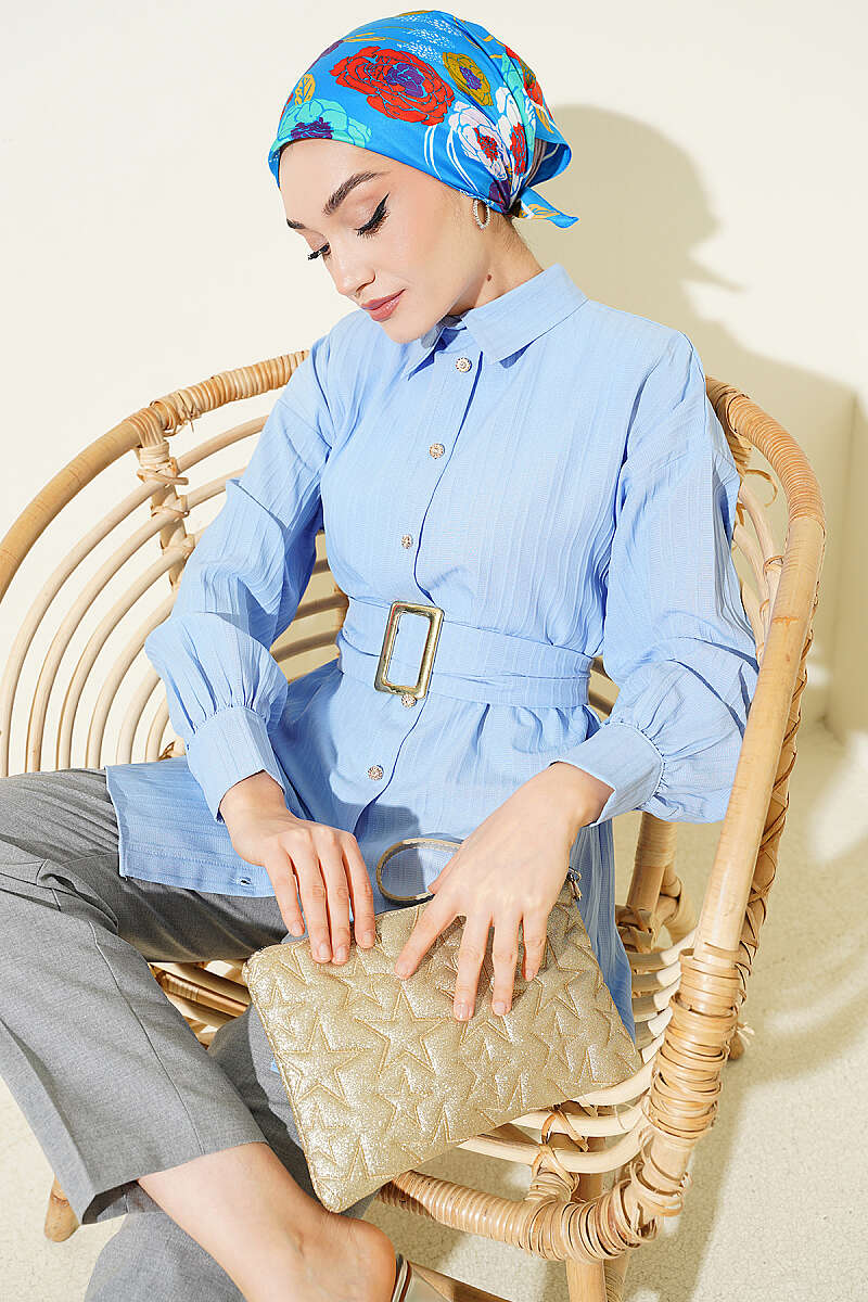 Striped Shirt with Rectangle Belt Buckle - Light Blue