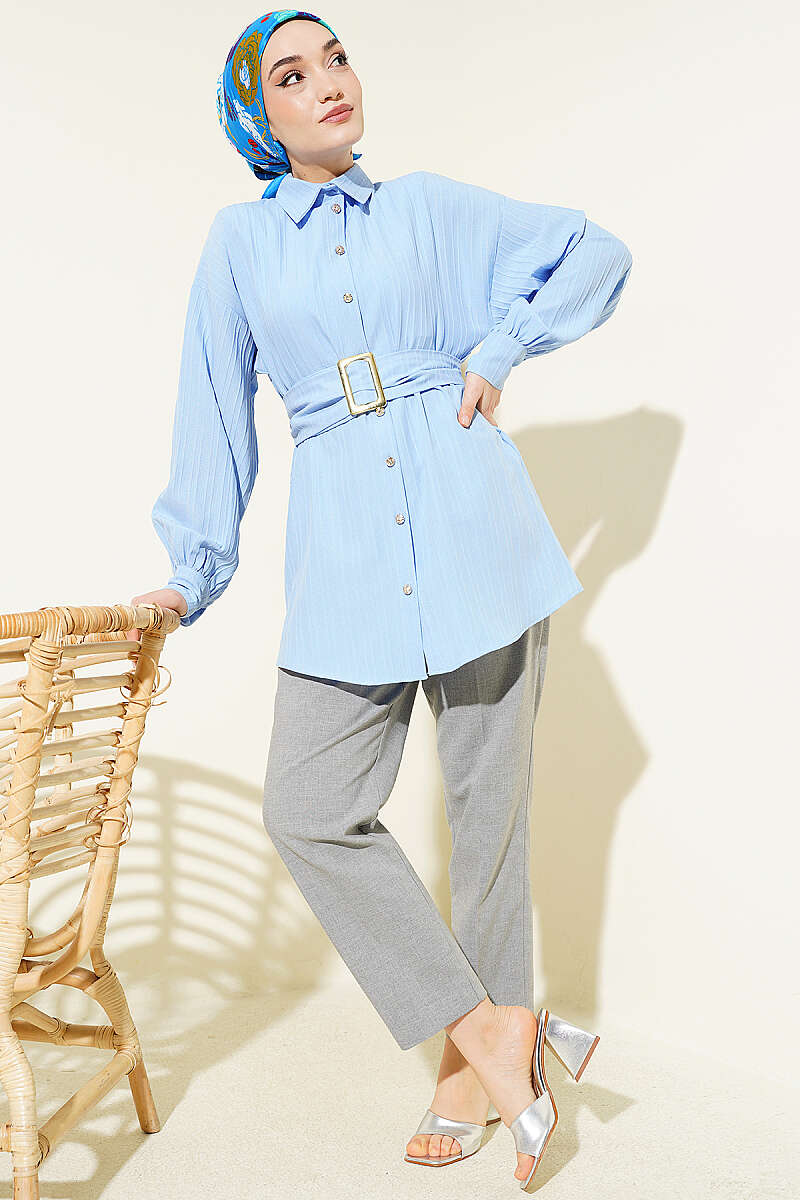 Striped Shirt with Rectangle Belt Buckle - Light Blue