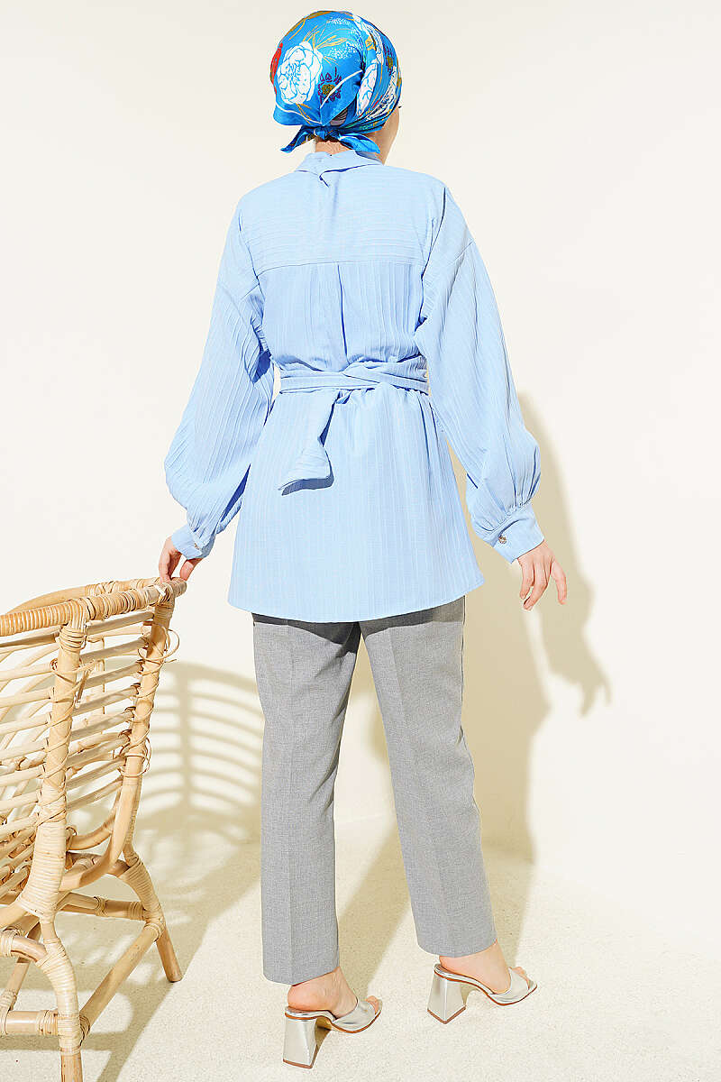 Striped Shirt with Rectangle Belt Buckle - Light Blue
