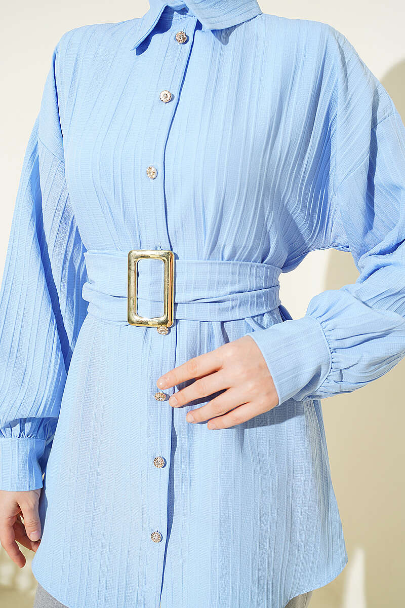 Striped Shirt with Rectangle Belt Buckle - Light Blue