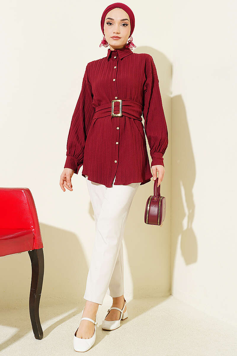 Striped Shirt with Rectangle Belt Buckle - Burgundy