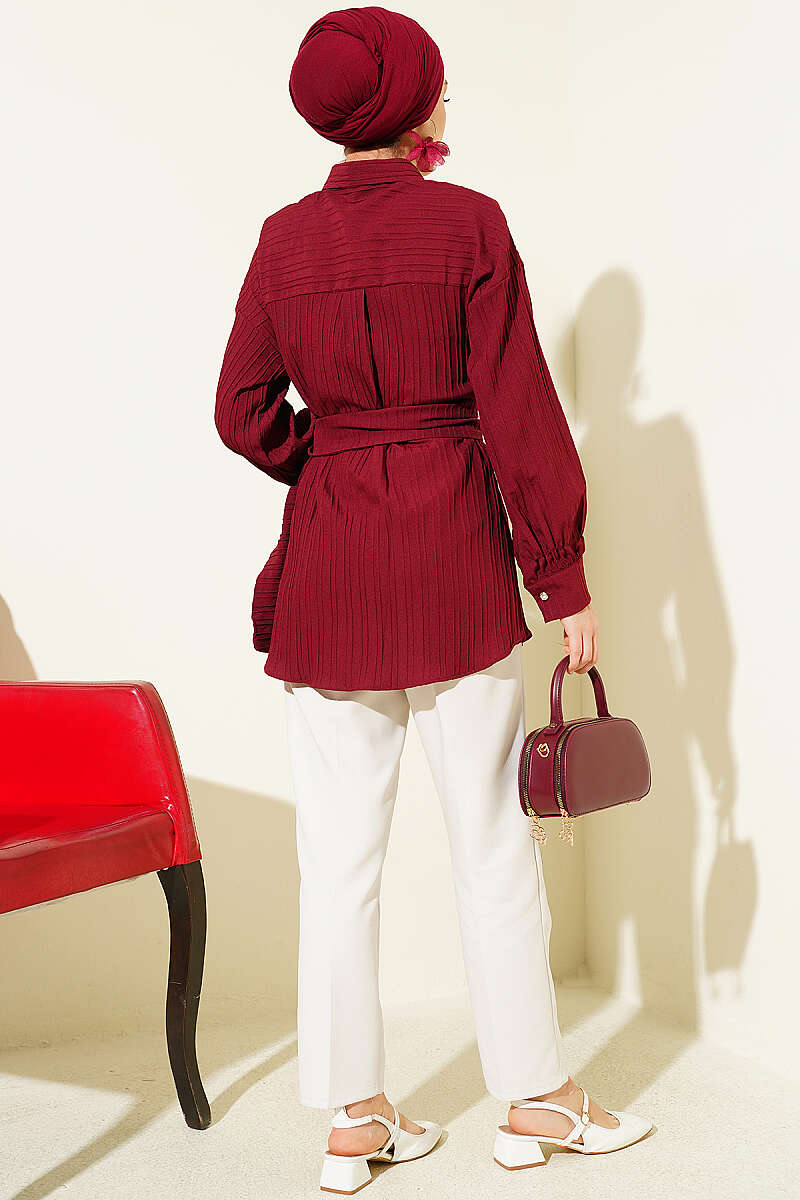 Striped Shirt with Rectangle Belt Buckle - Burgundy