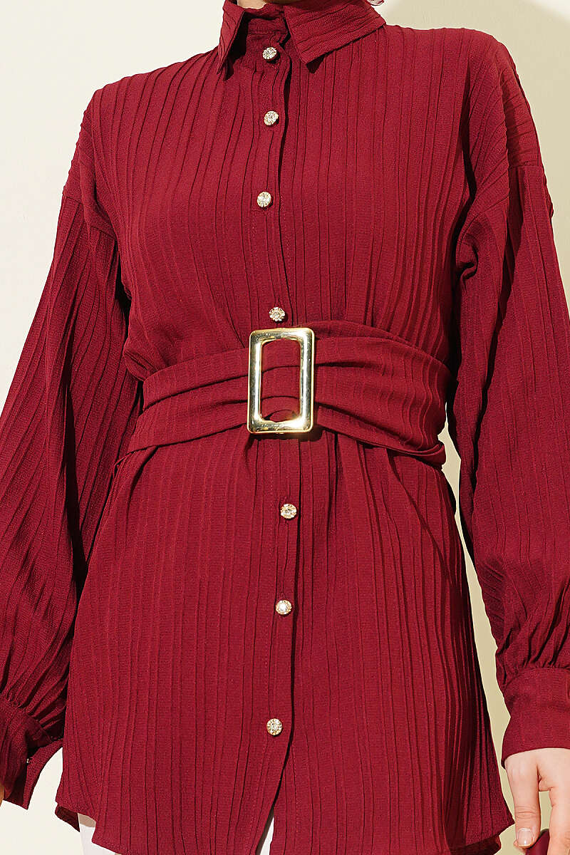 Striped Shirt with Rectangle Belt Buckle - Burgundy
