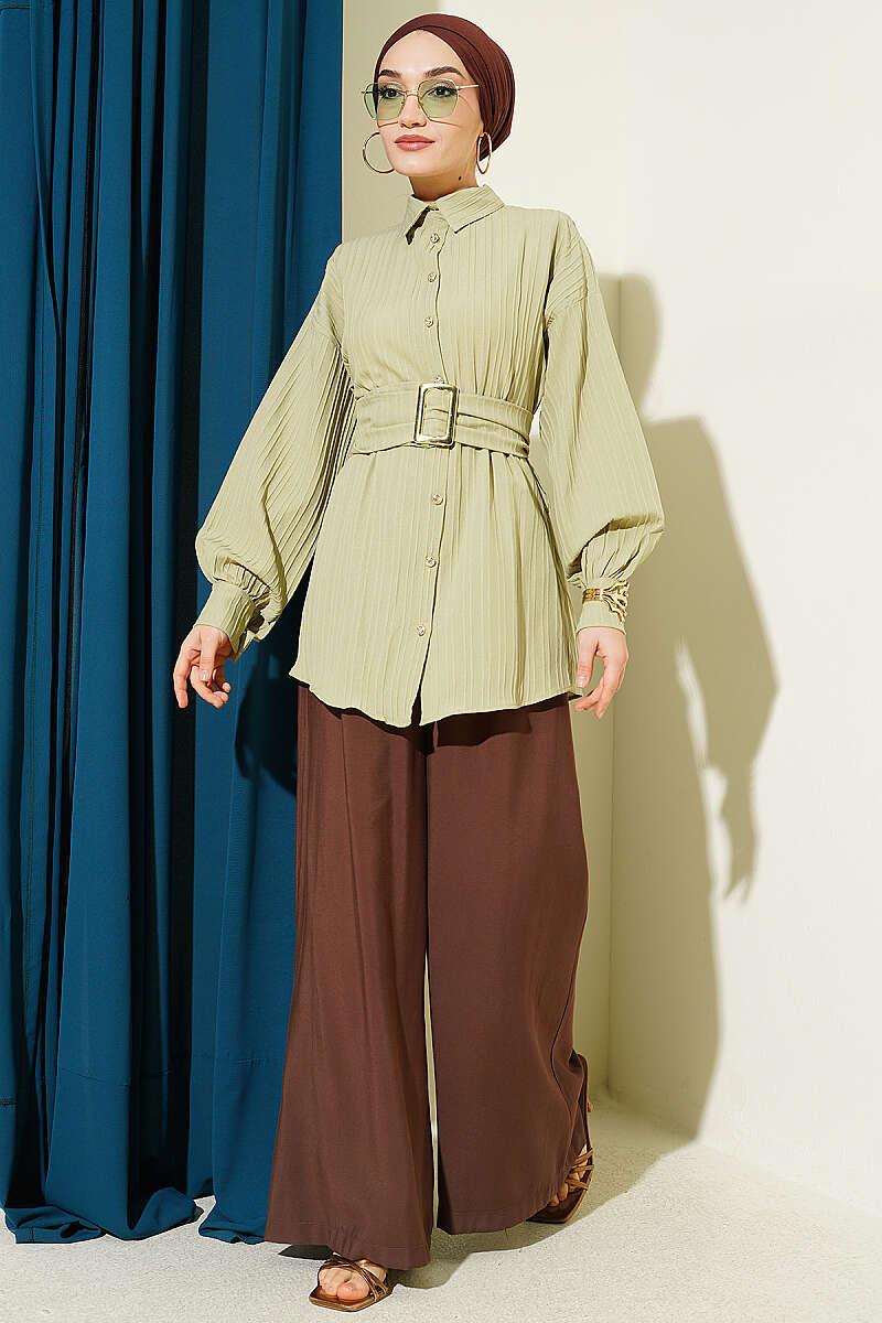 Striped Shirt with Rectangle Belt Buckle - Almond Green