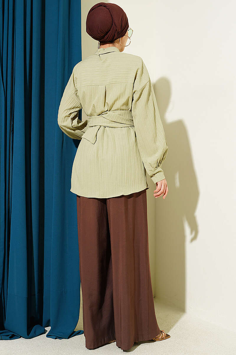 Striped Shirt with Rectangle Belt Buckle - Almond Green