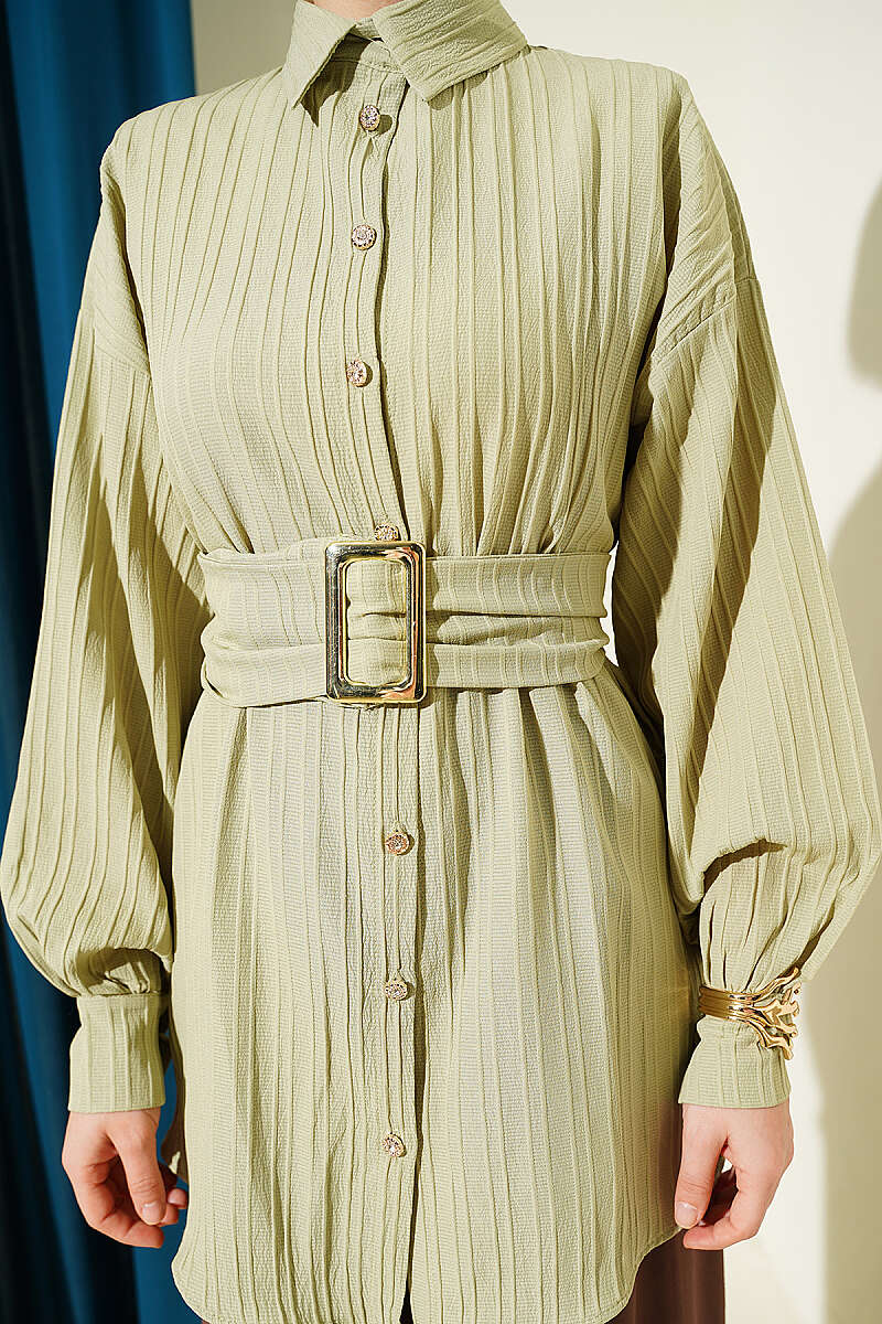 Striped Shirt with Rectangle Belt Buckle - Almond Green