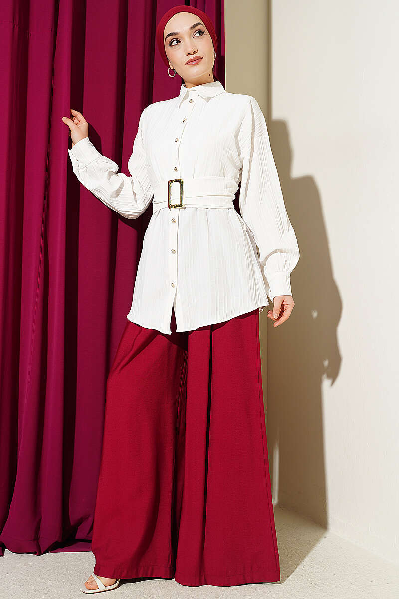 Striped Shirt with Rectangle Belt Buckle - Ecru