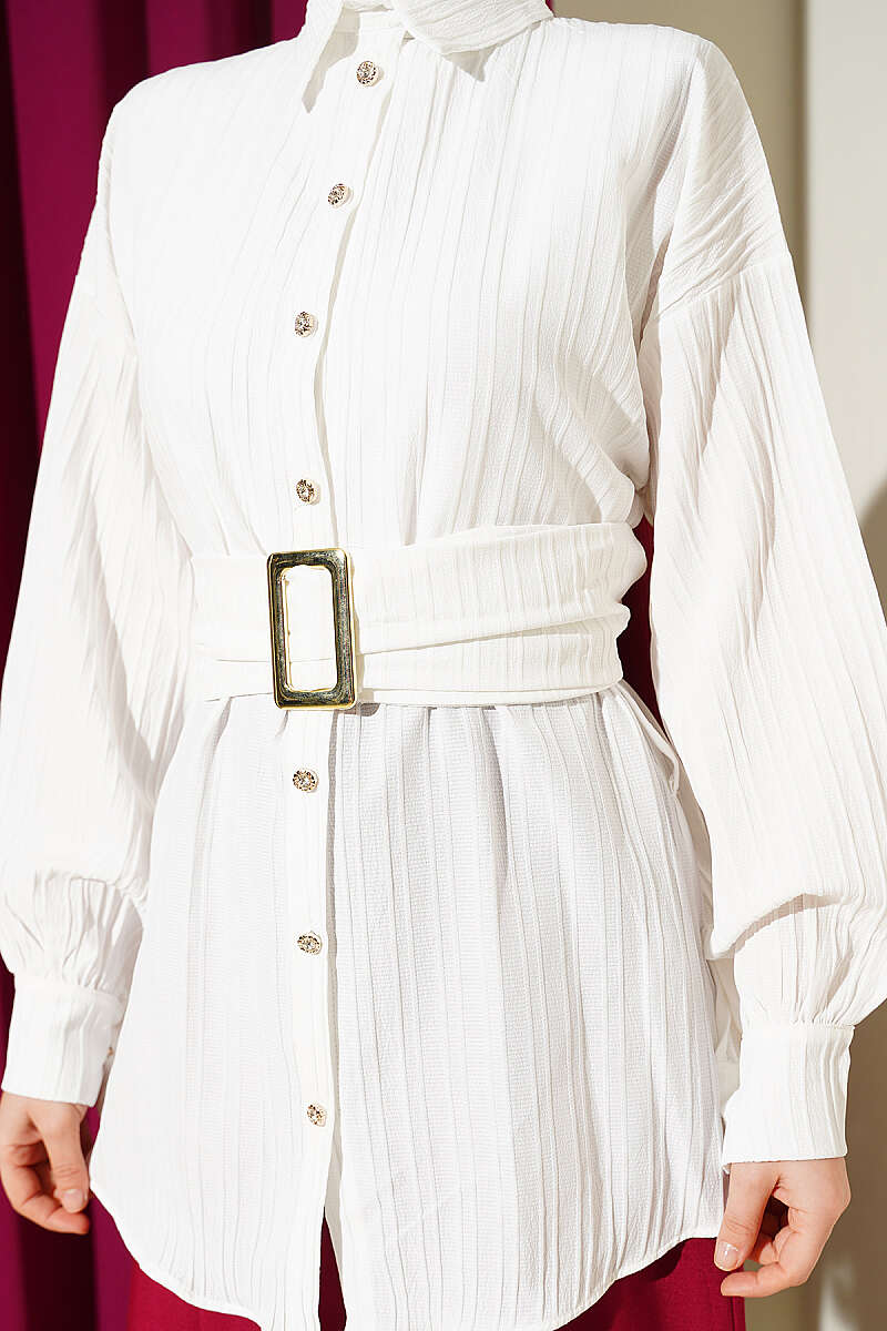 Striped Shirt with Rectangle Belt Buckle - Ecru