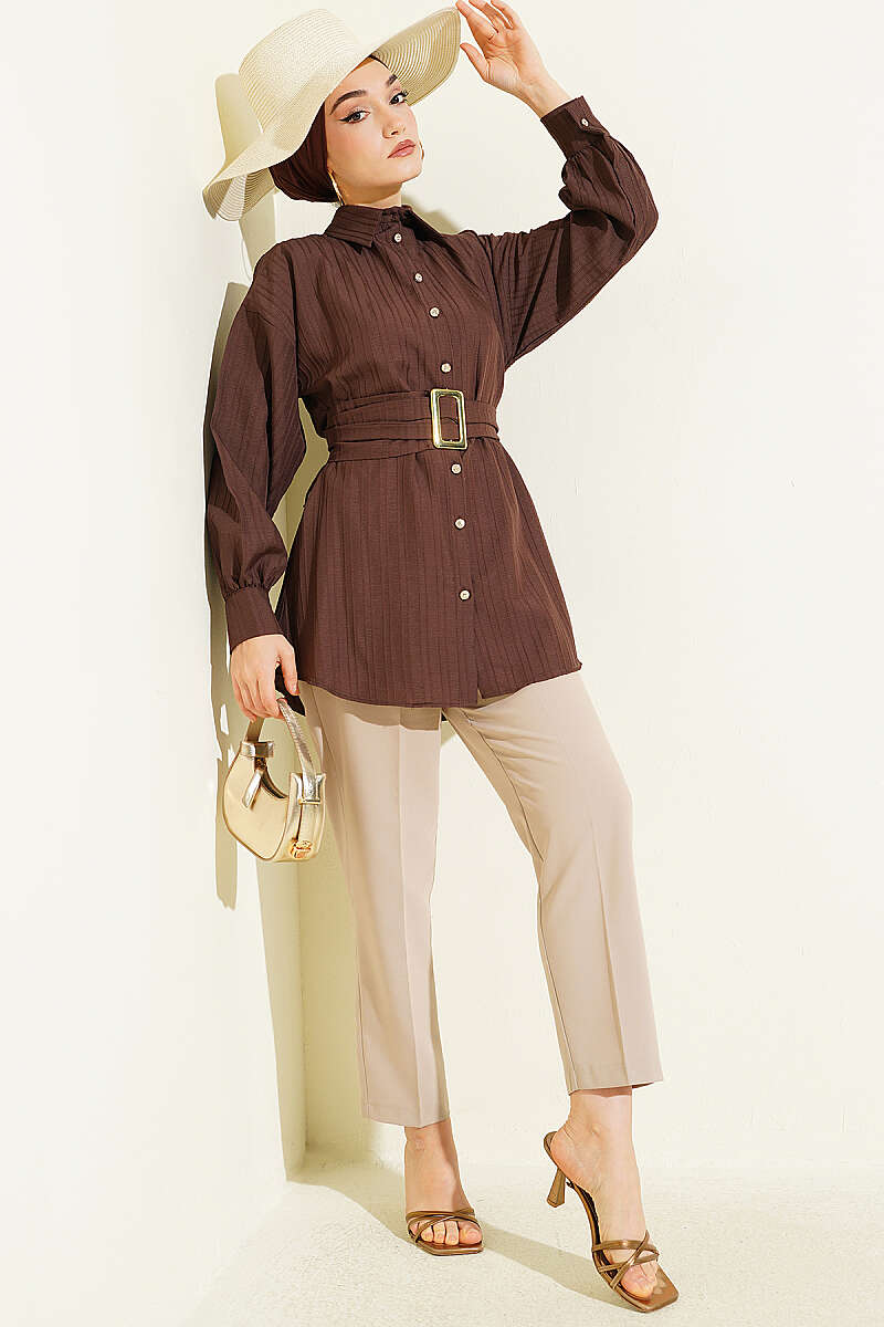 Striped Shirt with Rectangle Belt Buckle - Brown