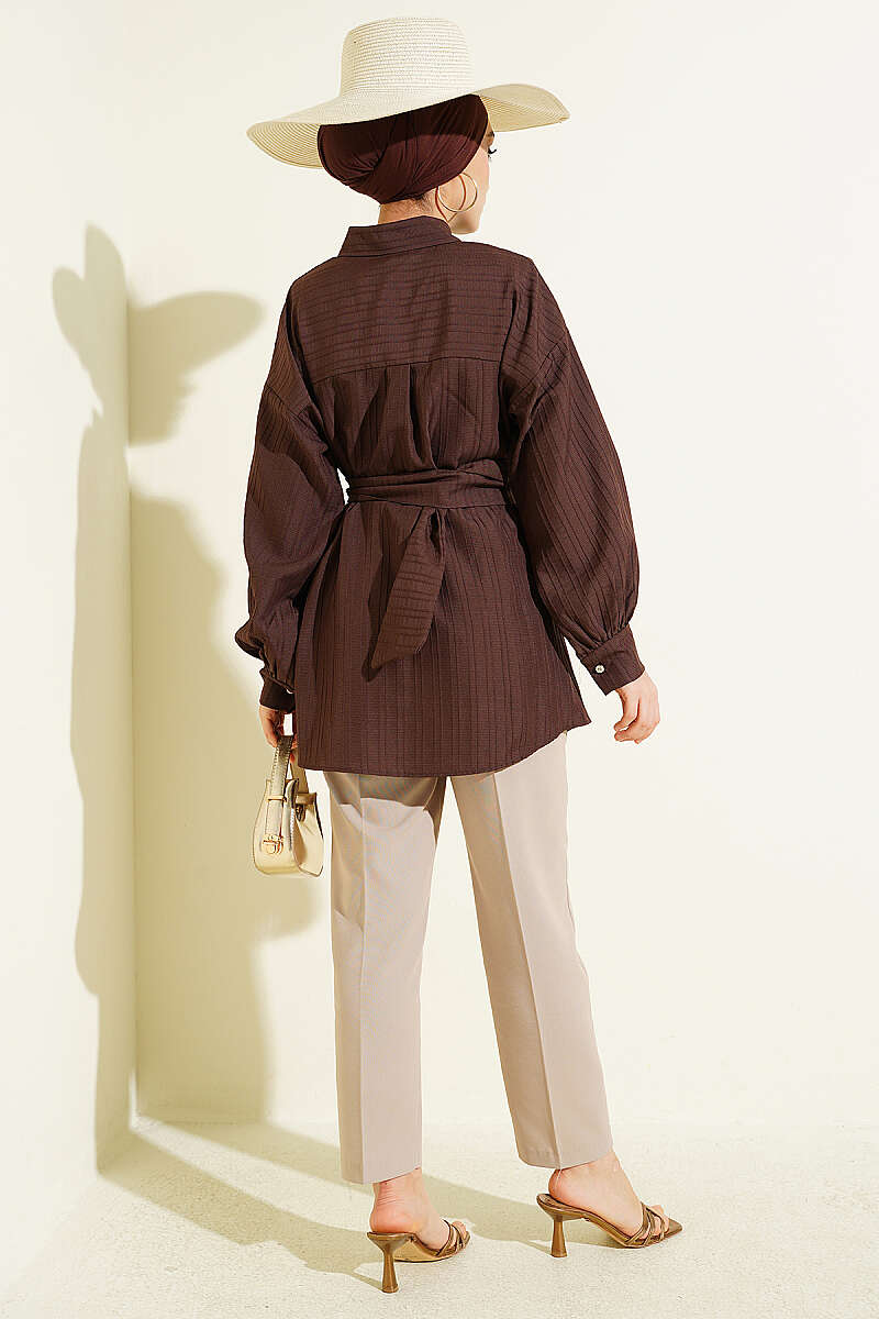 Striped Shirt with Rectangle Belt Buckle - Brown