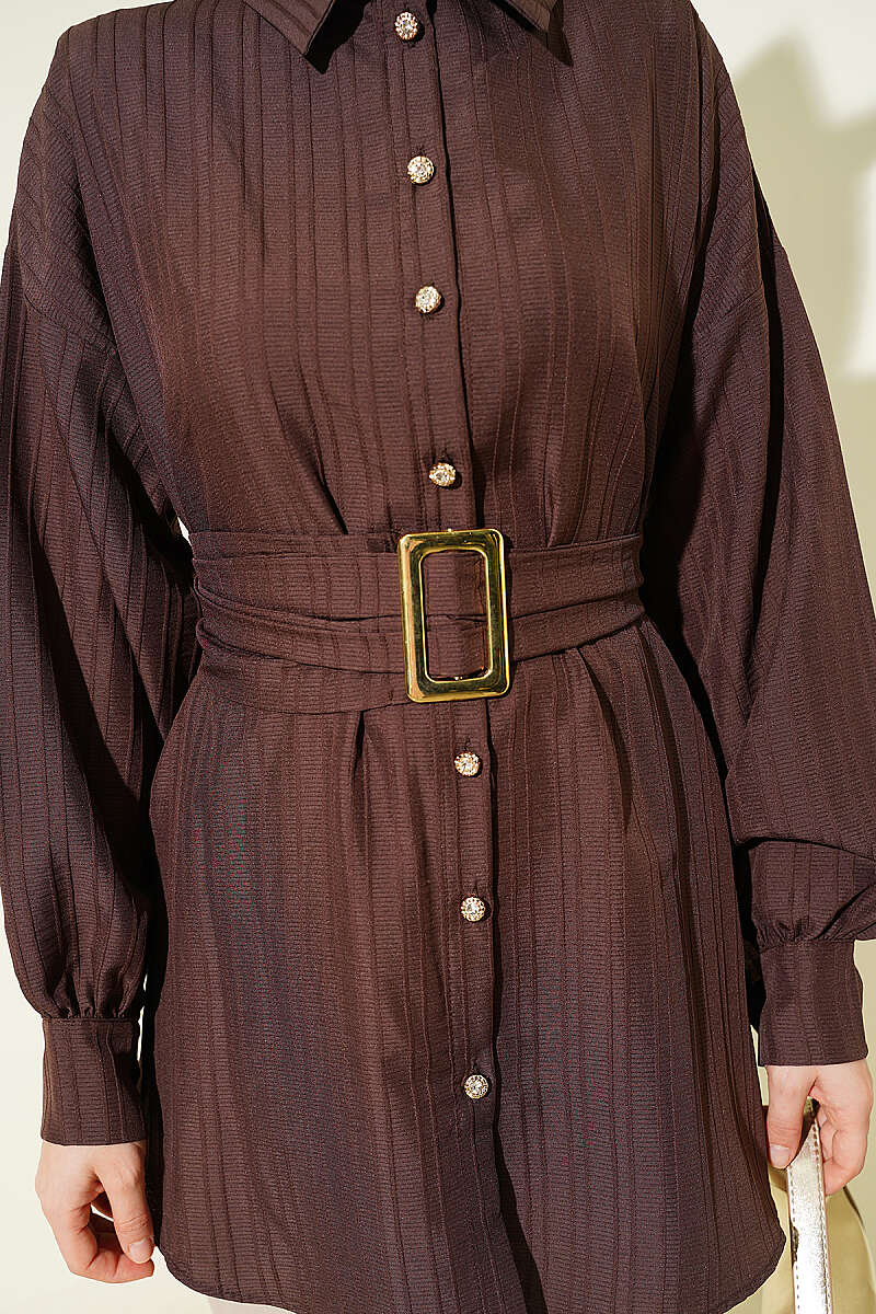 Striped Shirt with Rectangle Belt Buckle - Brown