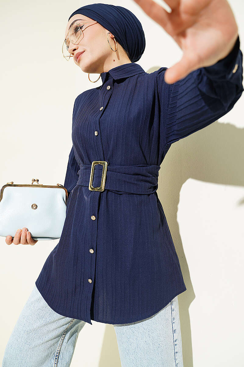 Striped Shirt with Rectangle Belt Buckle - Navy