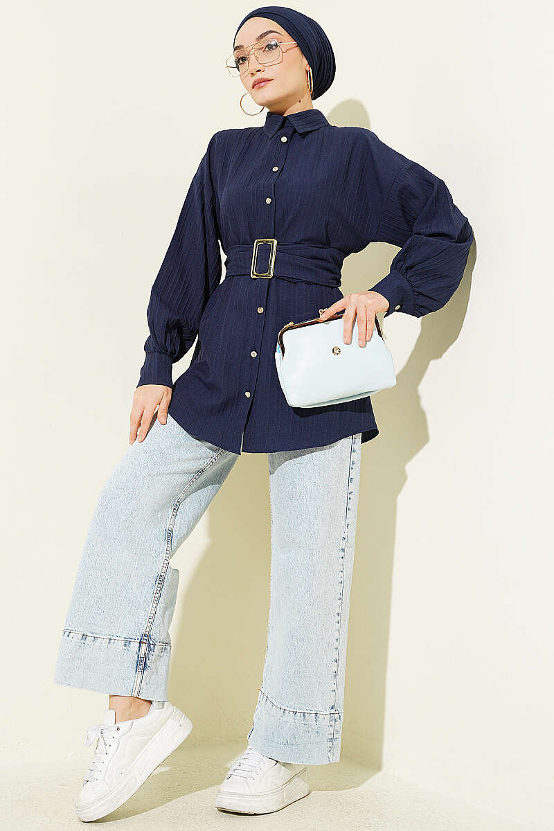 Striped Shirt with Rectangle Belt Buckle - Navy