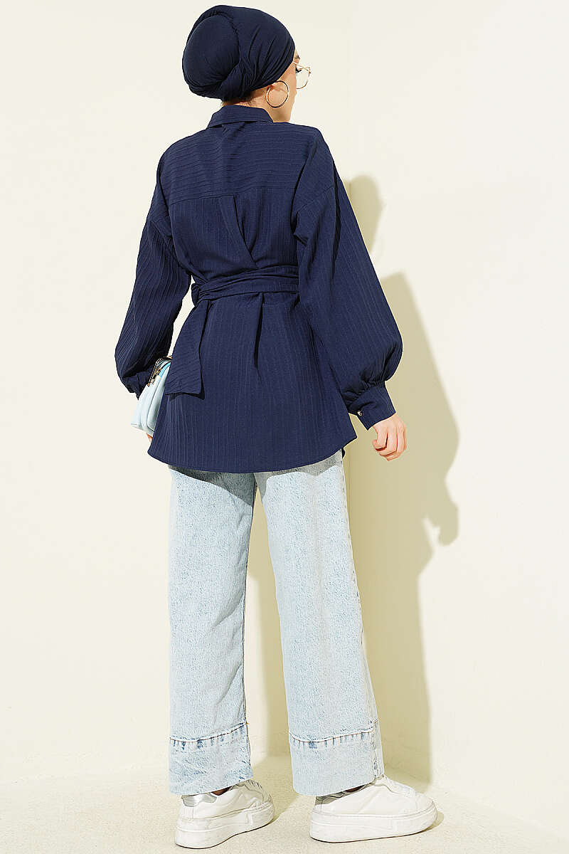 Striped Shirt with Rectangle Belt Buckle - Navy