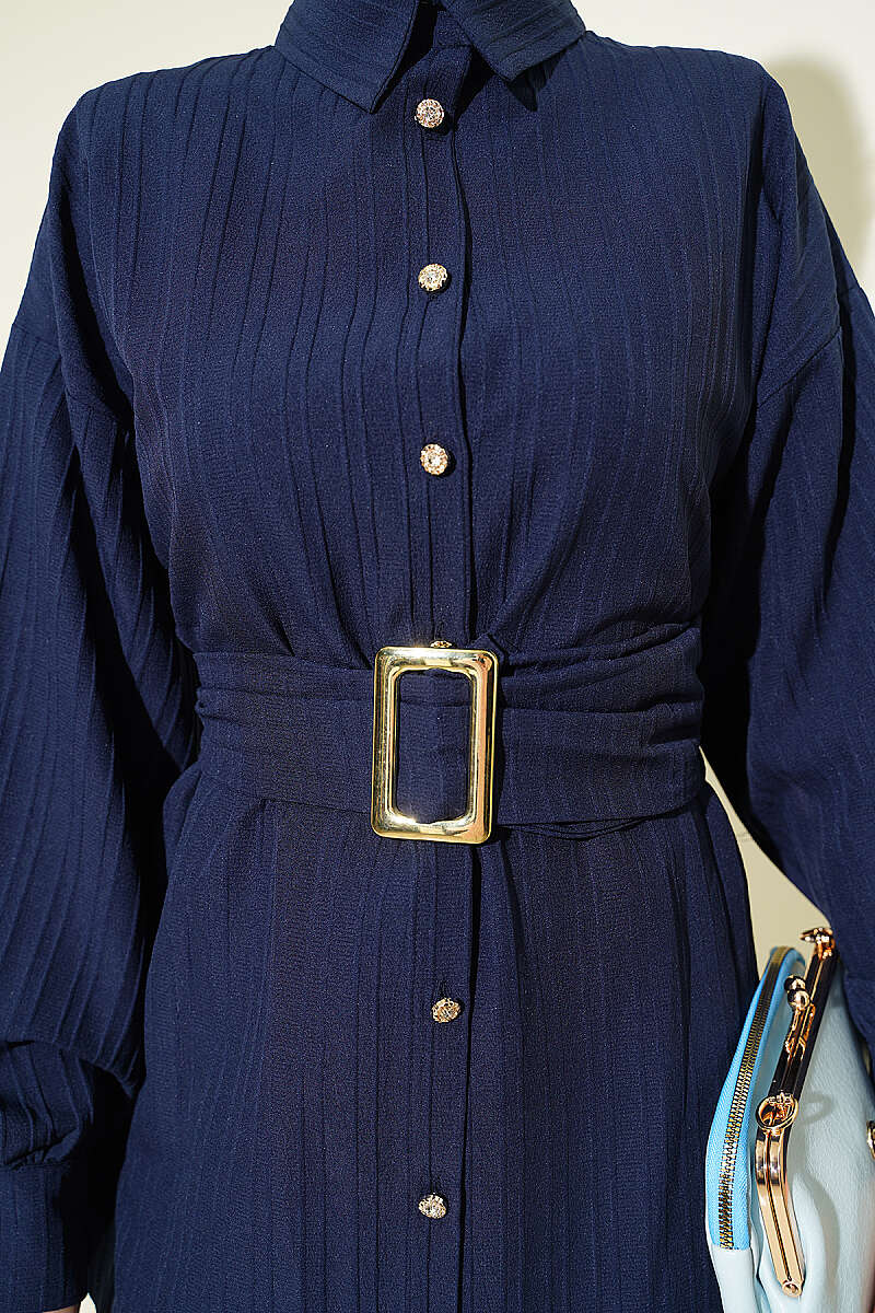 Striped Shirt with Rectangle Belt Buckle - Navy