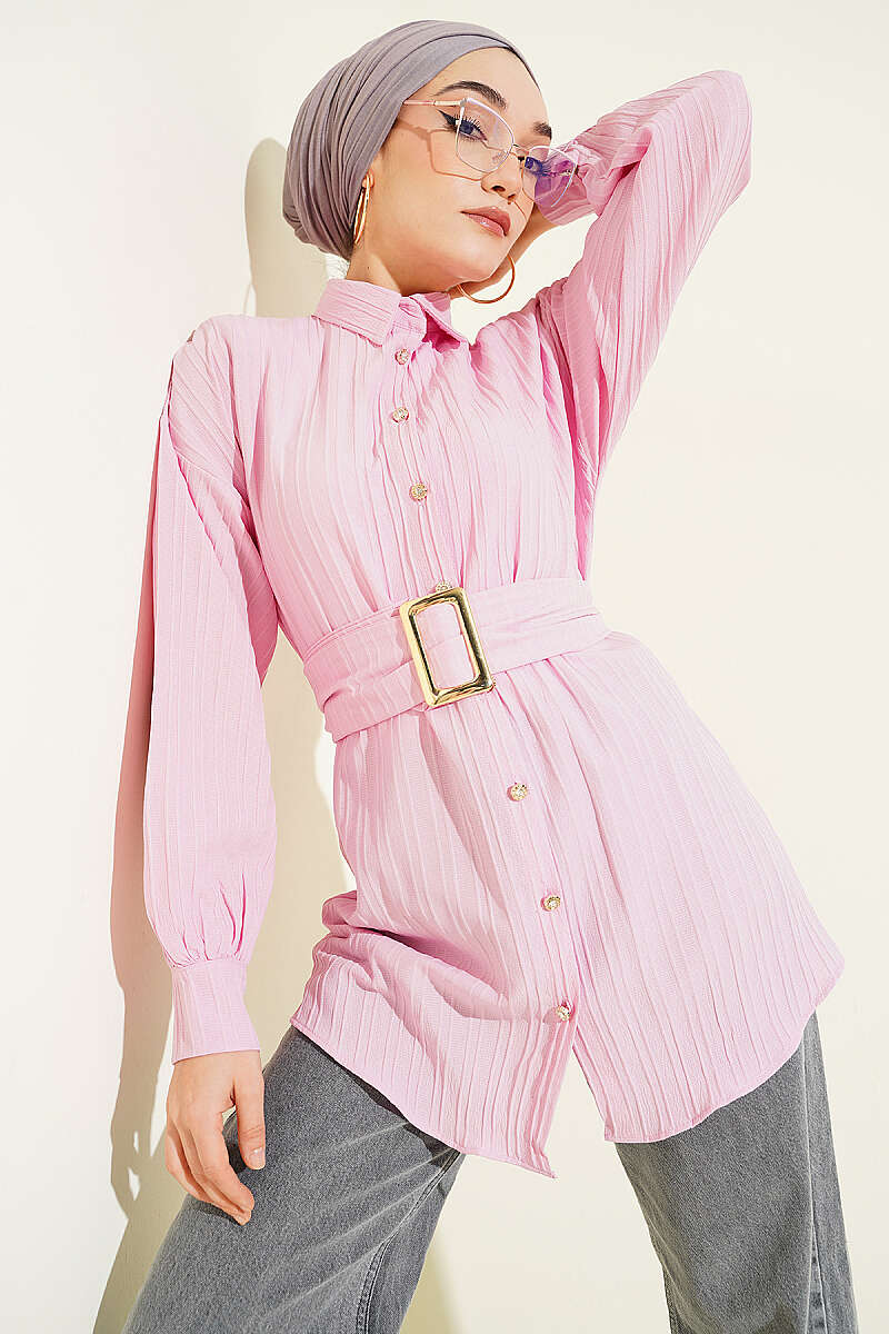 Striped Shirt with Rectangle Belt Buckle - Pink