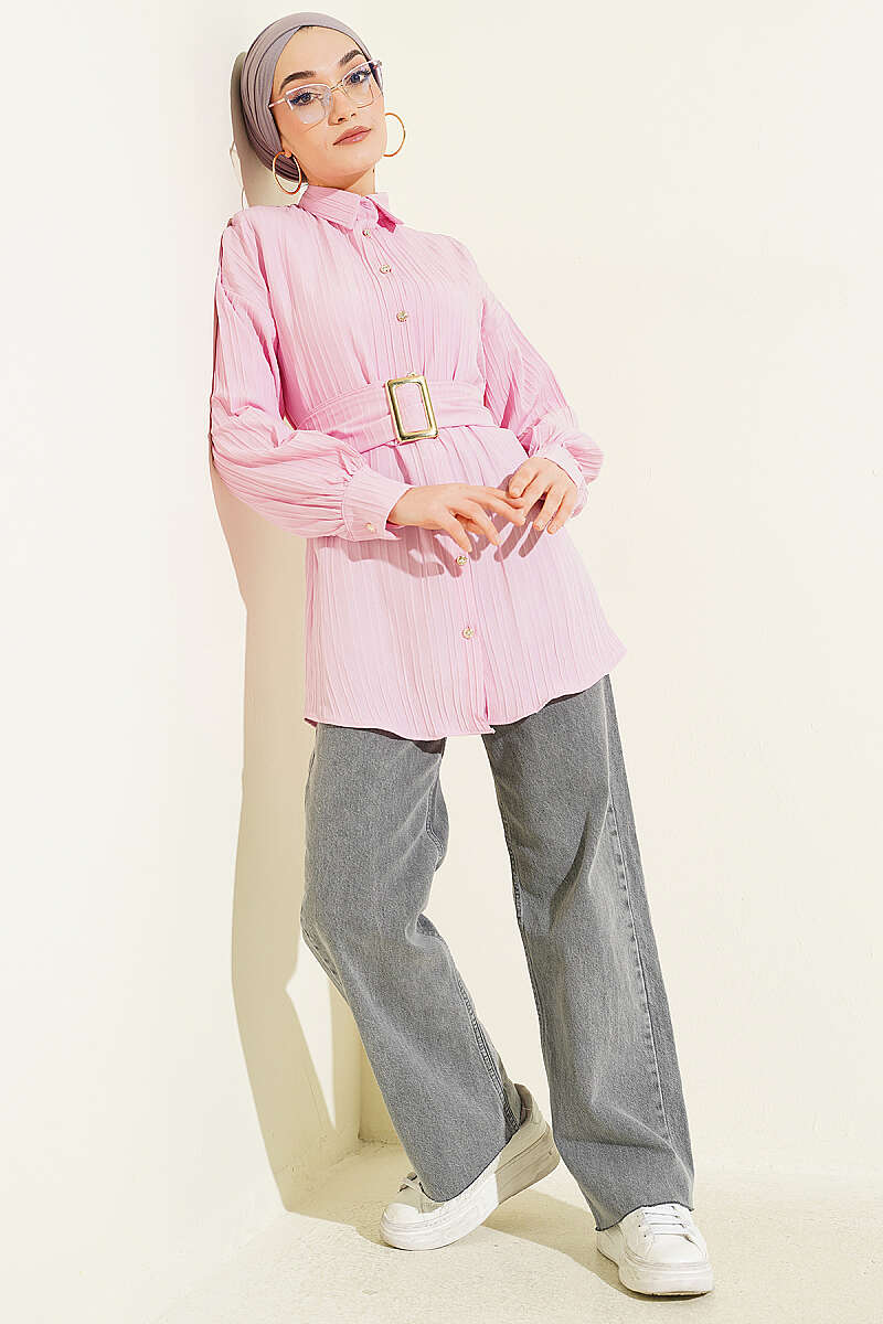 Striped Shirt with Rectangle Belt Buckle - Pink