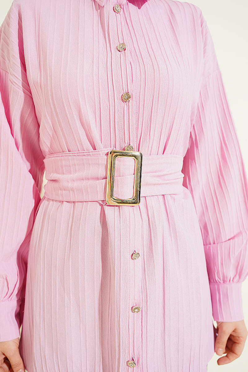Striped Shirt with Rectangle Belt Buckle - Pink