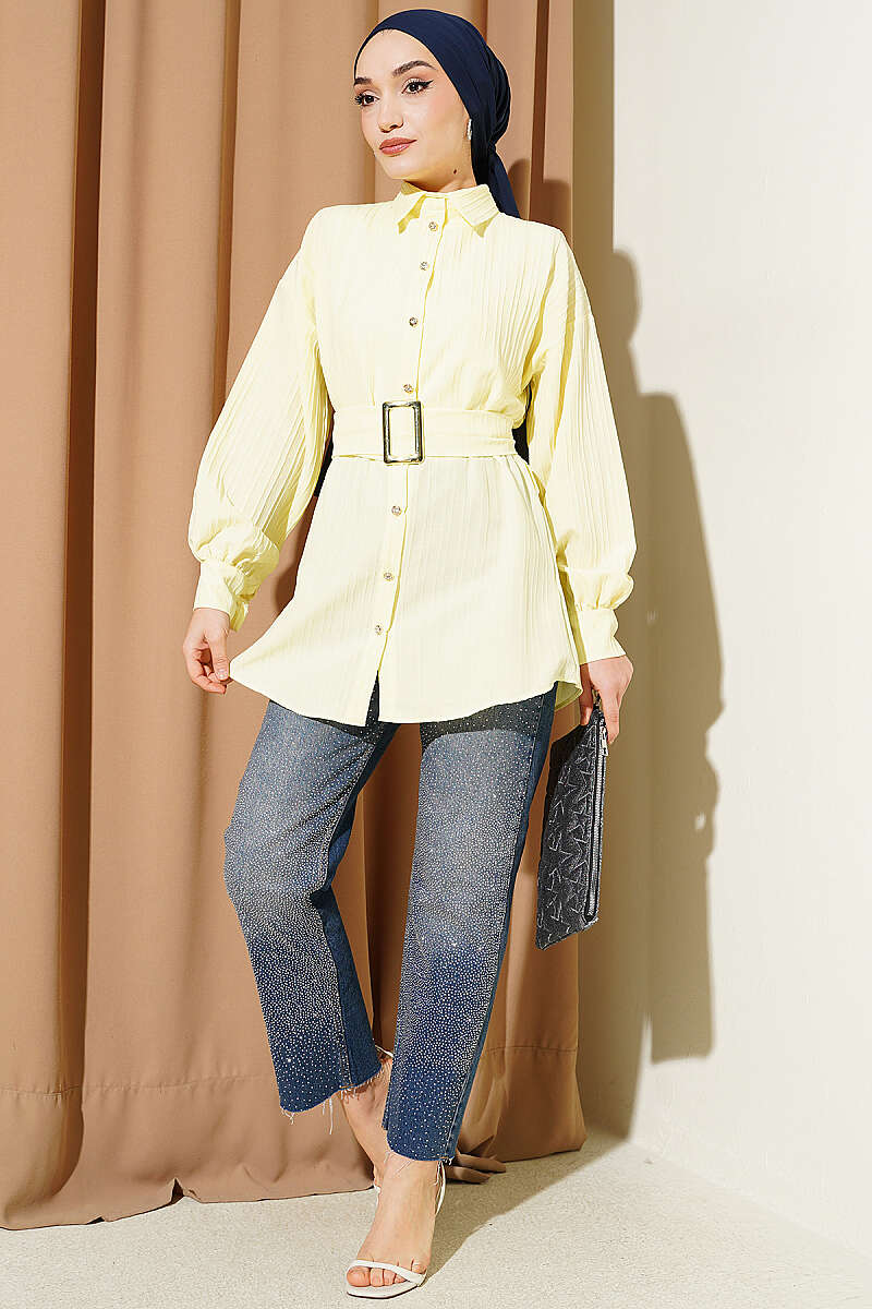 Striped Shirt with Rectangle Belt Buckle - Yellow