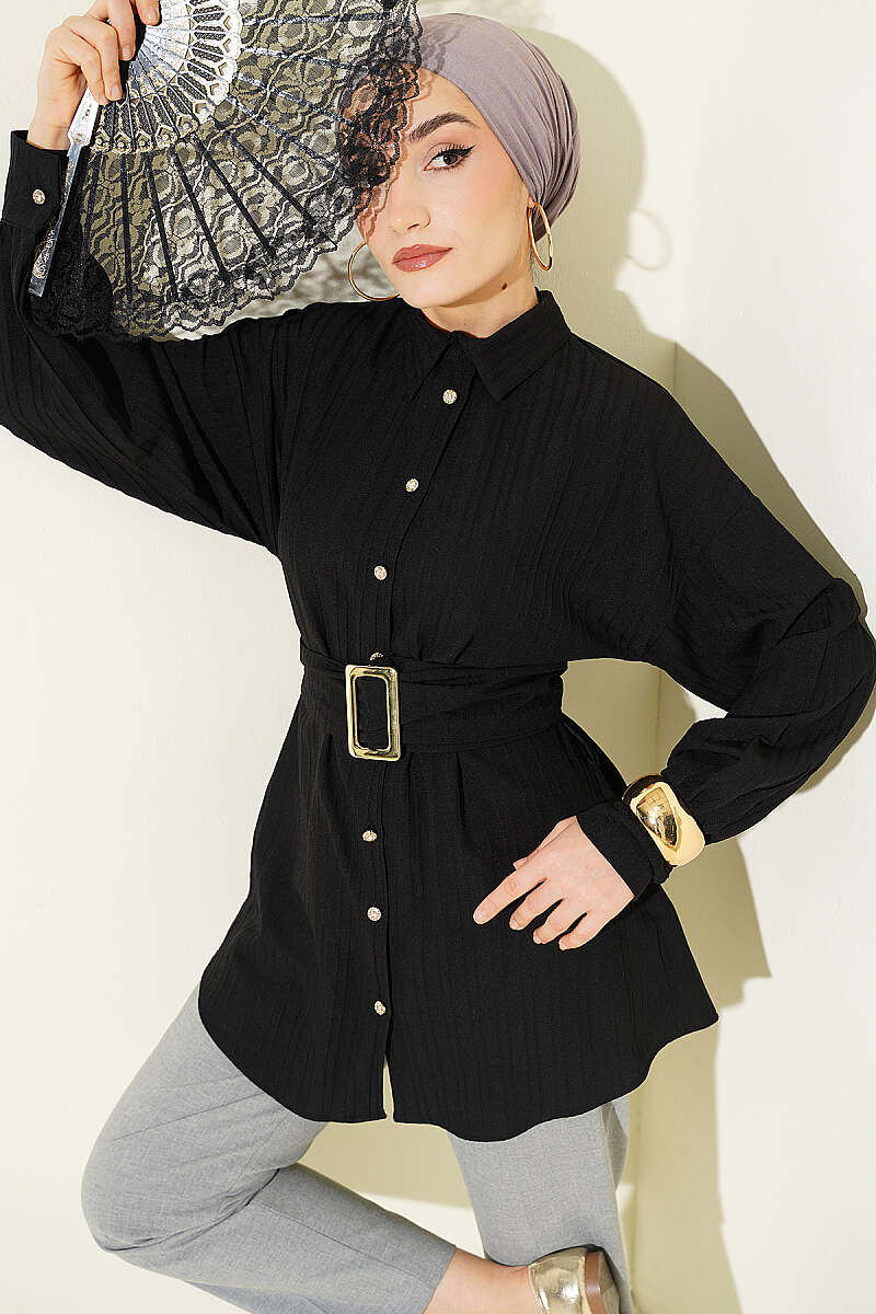 Striped Shirt with Rectangle Belt Buckle - Black