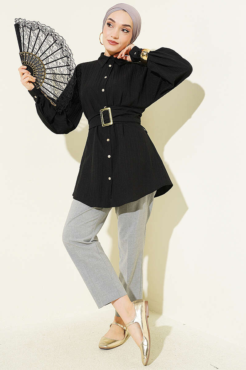 Striped Shirt with Rectangle Belt Buckle - Black
