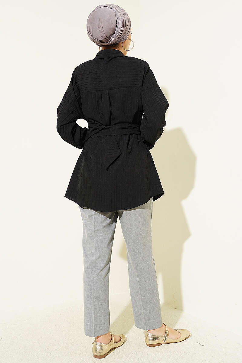 Striped Shirt with Rectangle Belt Buckle - Black