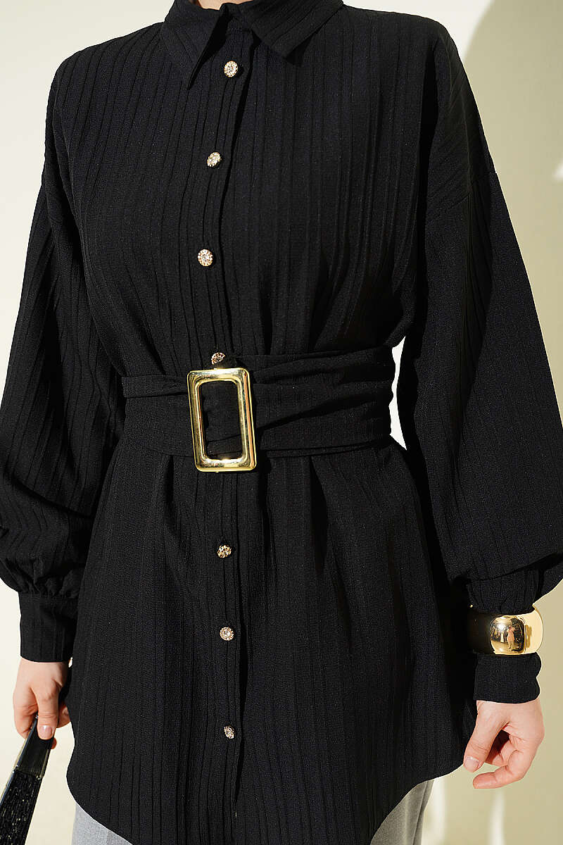 Striped Shirt with Rectangle Belt Buckle - Black
