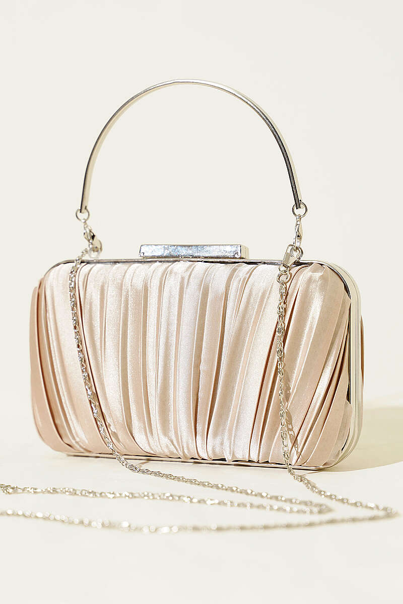Rectangular Pleated Satin Evening Bag with Handle - Beige